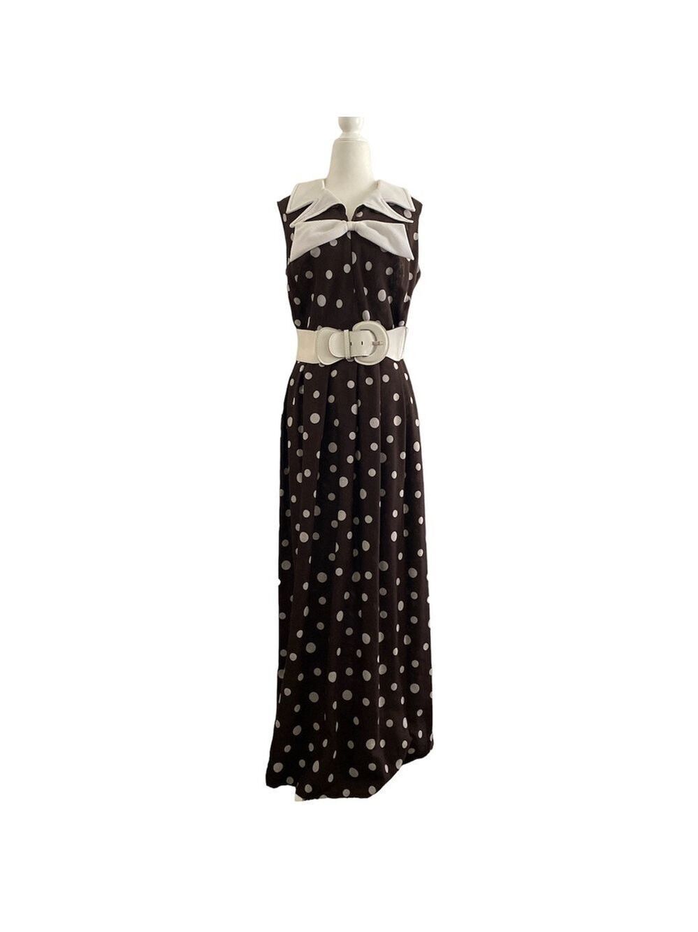 Vintage 70’s chocolate brown white polka dot maxi dress